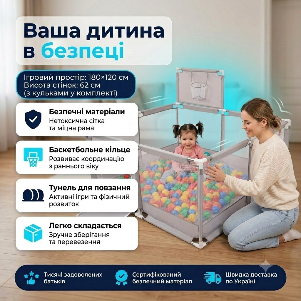 Дитячий манеж-сухий басейн з кульками та баскетбольним кільцем